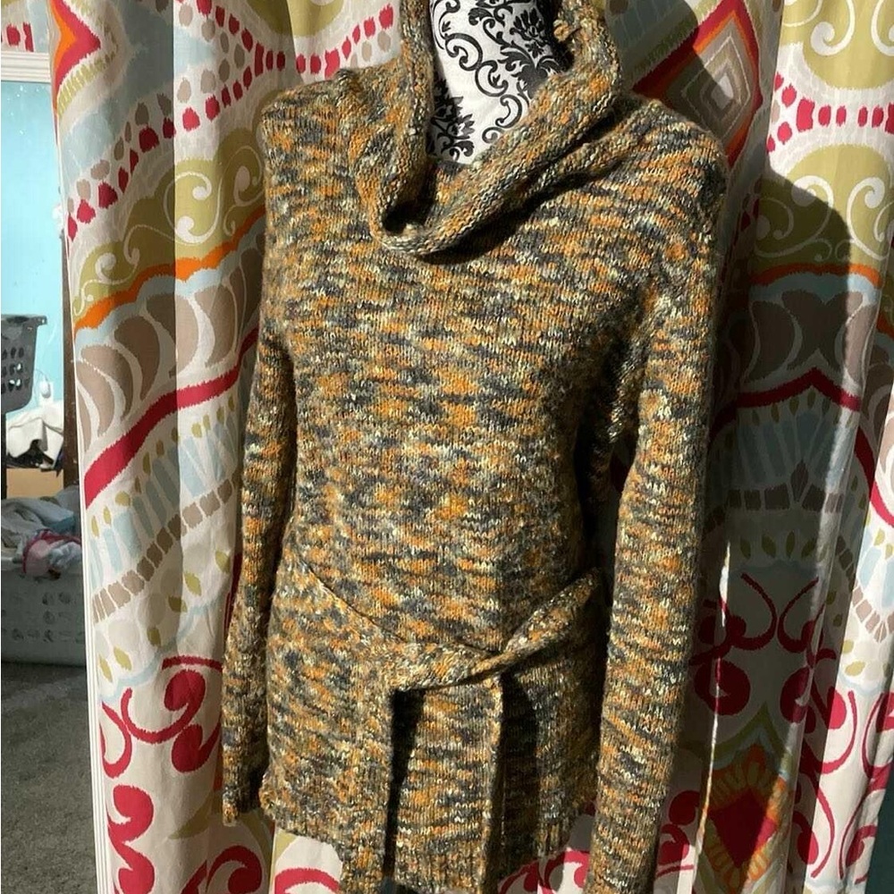 Cowl neck belted tunic sweater